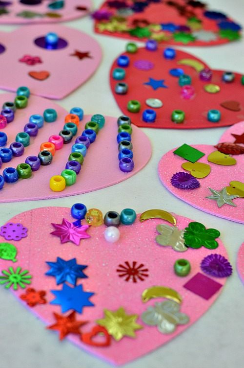 Fine Motor Valentine Craft - Beaded Name Hearts - Fun-A-Day!