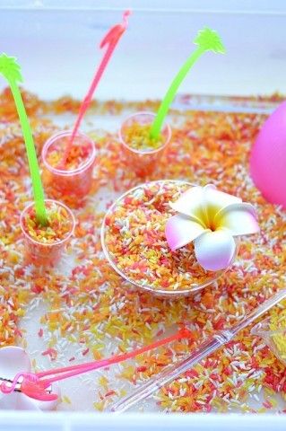 Party in a box sensory play ideas with sensory rice