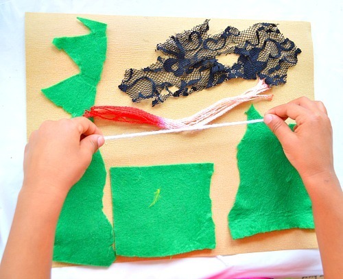 kids art with fabric and sand paper