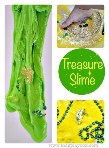 Cool Slime Recipe| Fun sensory activity| Shamrock Sparkles and Yellow Sparkles treasure slime for St Patricks Day from Kids Play Box