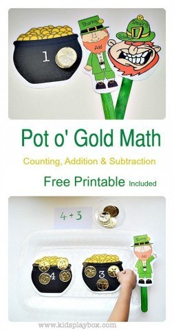 Math activities for kids using gold coins| St Patrick's day themed math|free printable|kids play box
