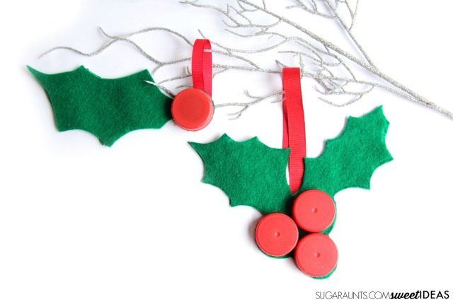 Recycled Christmas Ornaments - holly bottlecaps