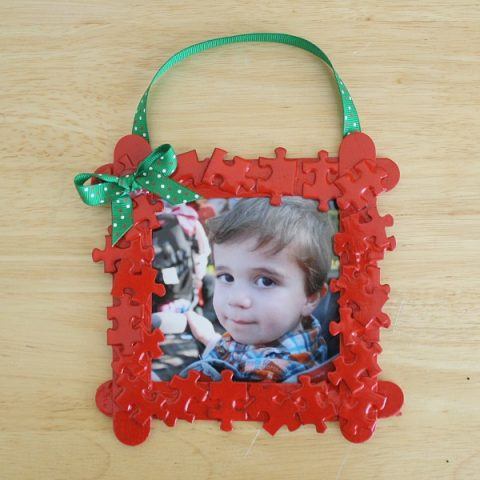 Recycled Christmas Ornaments - puzzle piece frame