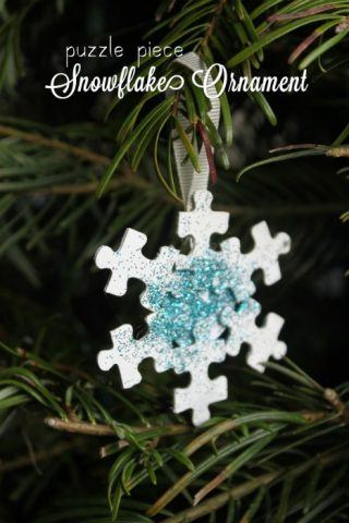 Recycled Christmas Ornaments - puzzle piece snowflake